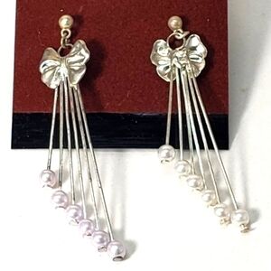 Women's Stylish Silver tone Beaded Ribbon Chandelier Post Drop Earrings
